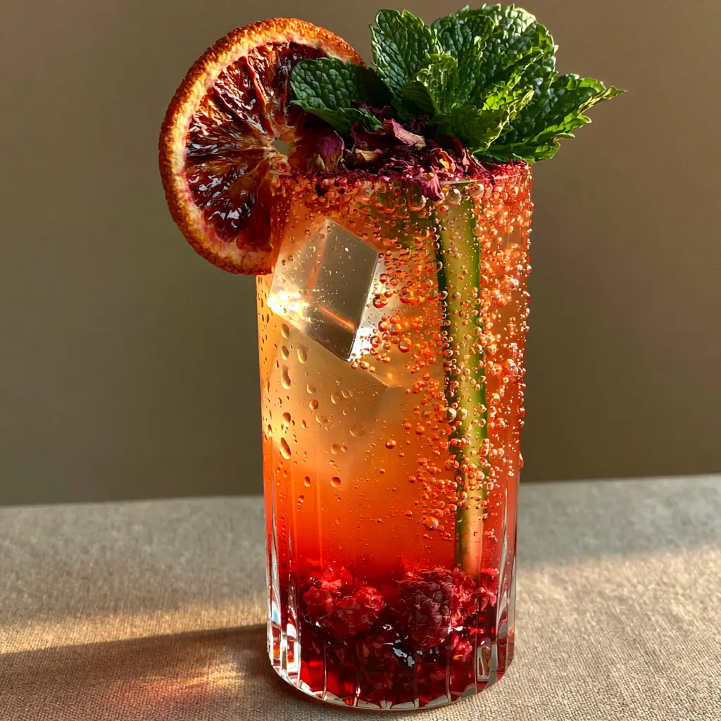 Non Alcoholic Mocktails: The Botanical Hibiscus and Raspberry Spritz 1 Top view of a botanical mocktail garnished with fresh mint, a dehydrated blood orange wheel, and dried rose petals.