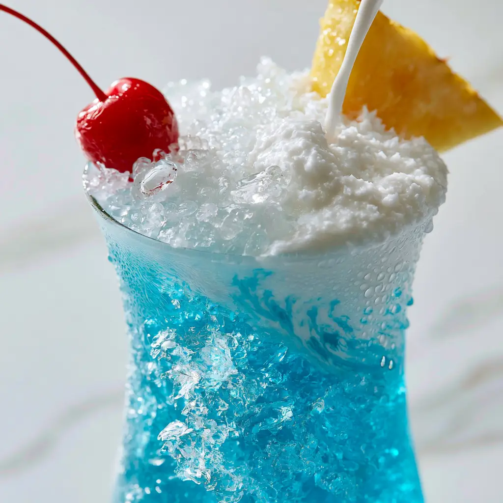 Tropical Mocktail: The Ultimate Electric Blue Hawaiian (Alcohol-Free) 2 Close-up of coconut cream being poured into an electric blue tropical mocktail glass with pebble ice.