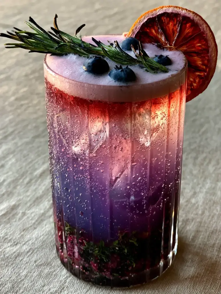 Healthy Mocktail Recipes: The Ultimate Blackberry Thyme Magnesium Tonic 2 Side view of a ribbed highball glass showing the ombre lavender layers and clear ice cubes. (Healthy Mocktail Recipes)