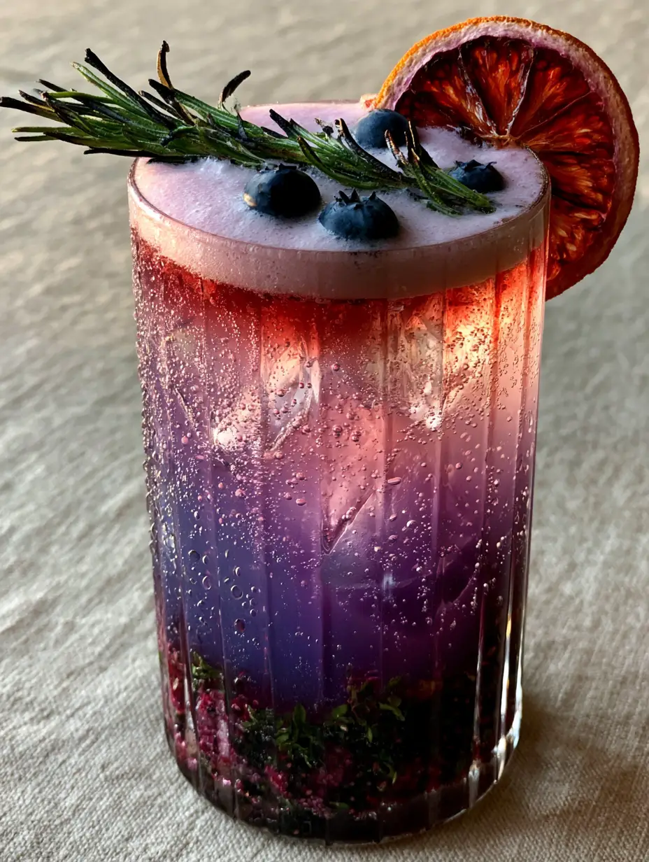 Healthy Mocktail Recipes: The Ultimate Blackberry Thyme Magnesium Tonic 3 Side view of a ribbed highball glass showing the ombre lavender layers and clear ice cubes. (Healthy Mocktail Recipes)
