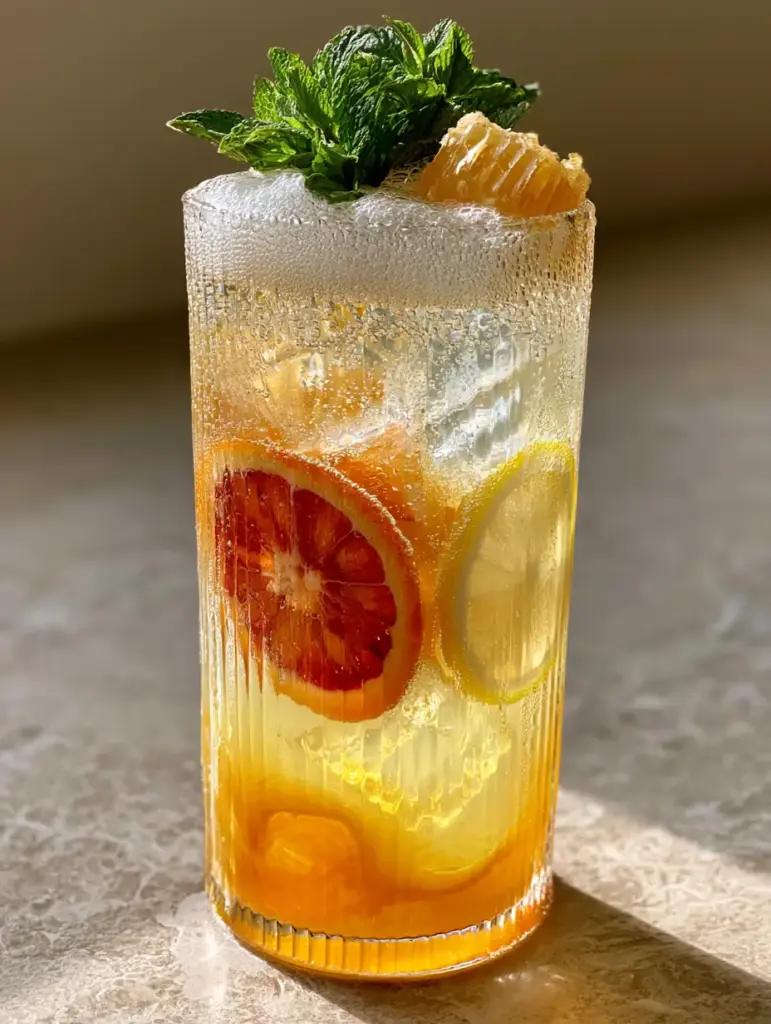 Macro view of a Citrus and honey mocktail showing layers of raw honey, citrus juice, and sparkling bubbles.