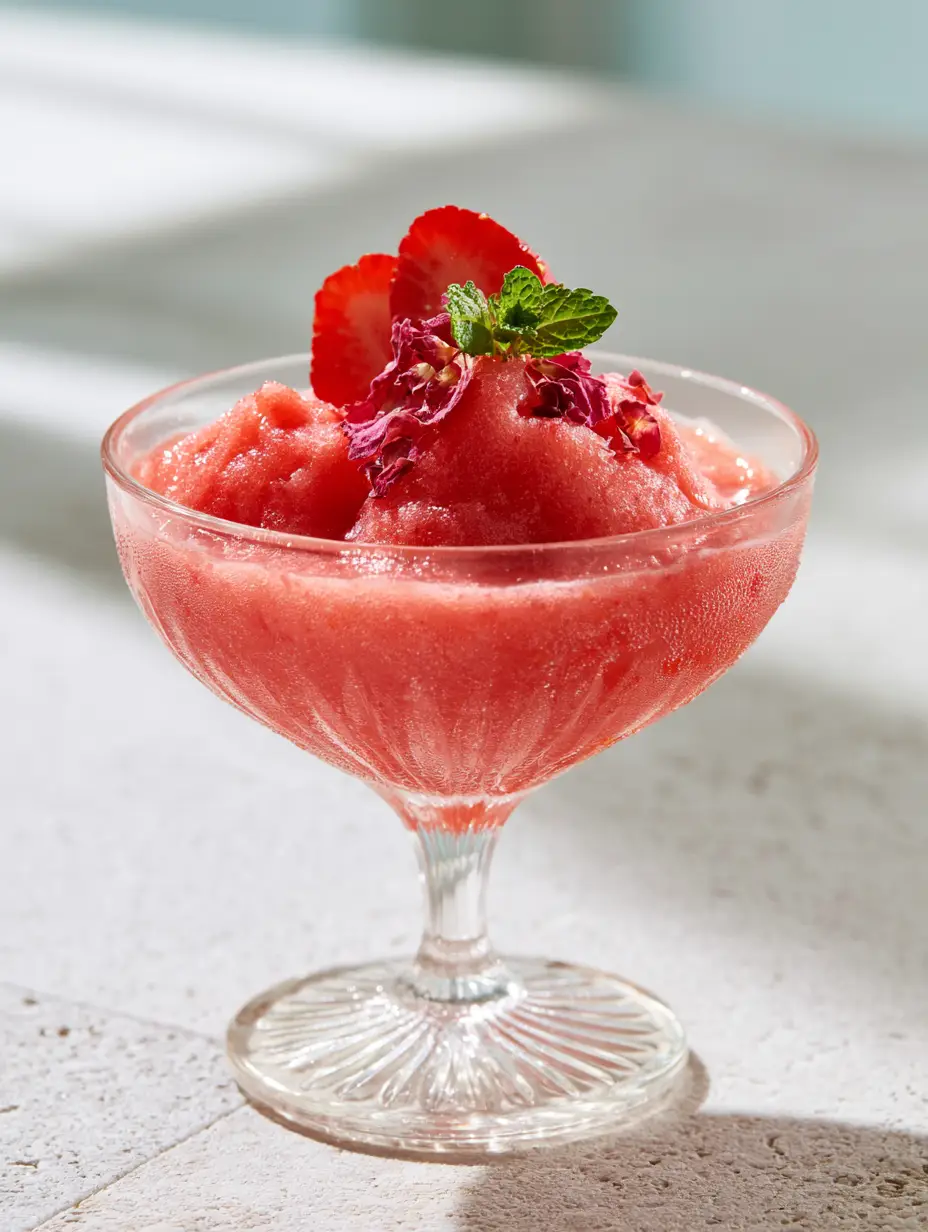 Macro close-up of a coral-pink Alcohol-Free Frozen Frosé showing micro-ice crystals and velvety texture. (Alcohol-Free Frozen Frosé)