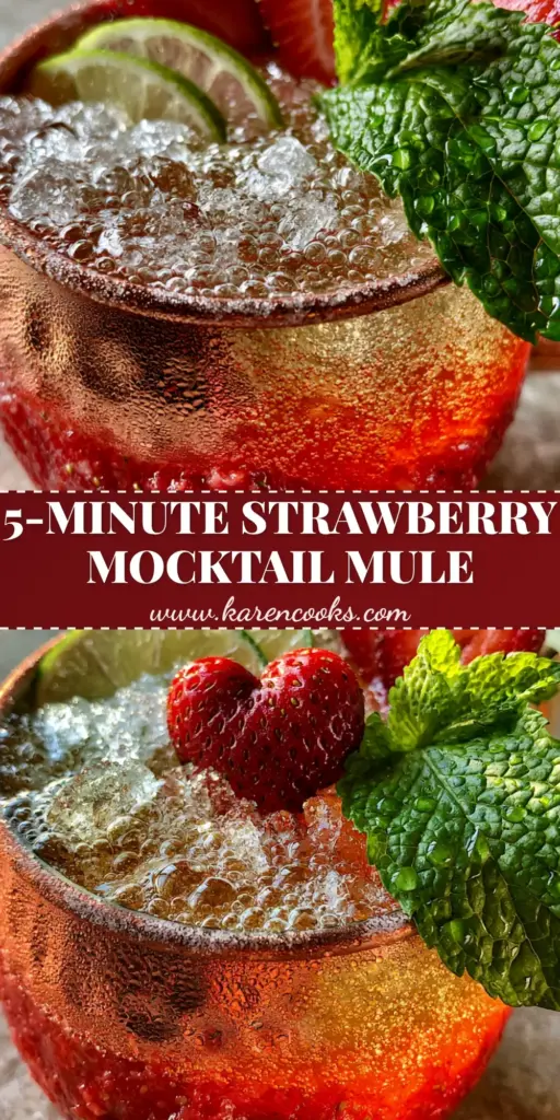 A refreshing Strawberry Mocktail Mule in a hammered copper mug with heart-shaped strawberry halves and mint.