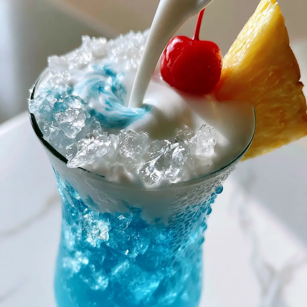 Tropical Mocktail: The Ultimate Electric Blue Hawaiian (Alcohol-Free) 1 Chilled Hurricane glass with a blue tropical mocktail showing condensation and a fresh pineapple garnish.
