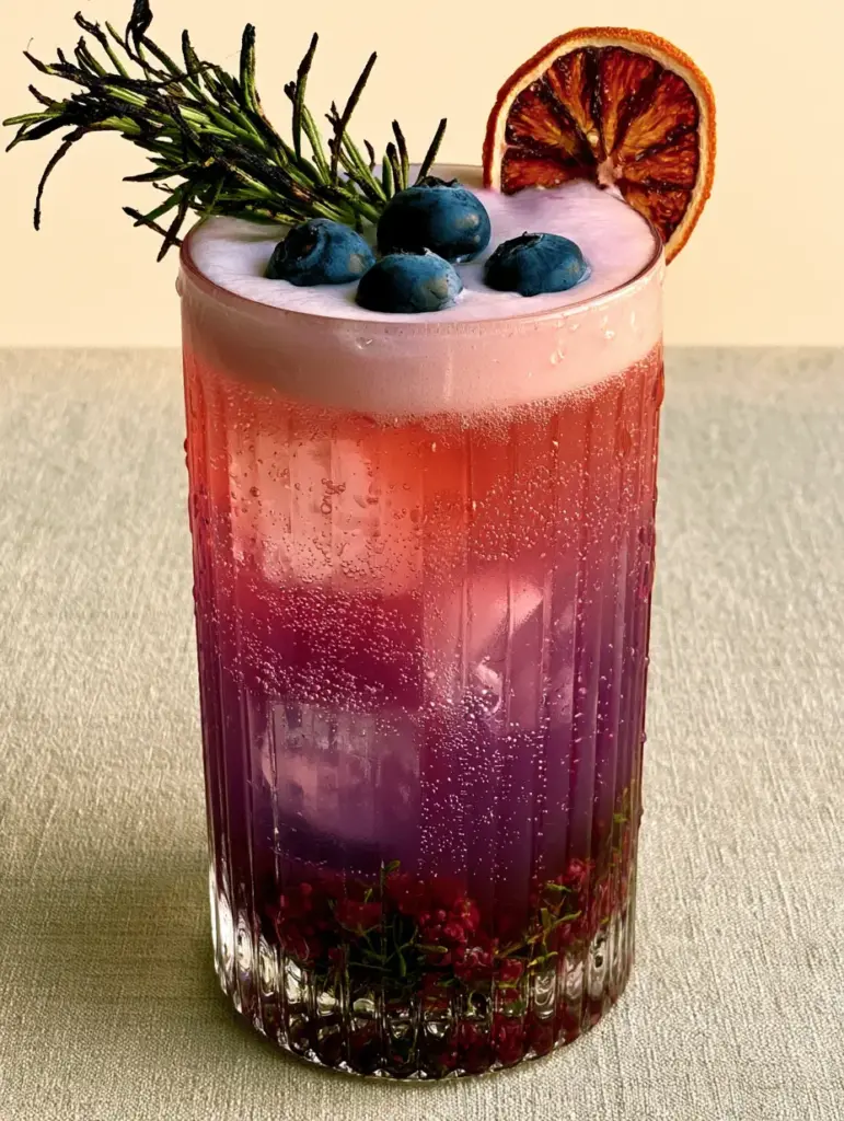 Healthy Mocktail Recipes: The Ultimate Blackberry Thyme Magnesium Tonic 1 Close up of pale pink botanical foam topped with blueberries and charred rosemary. (Healthy Mocktail Recipes)