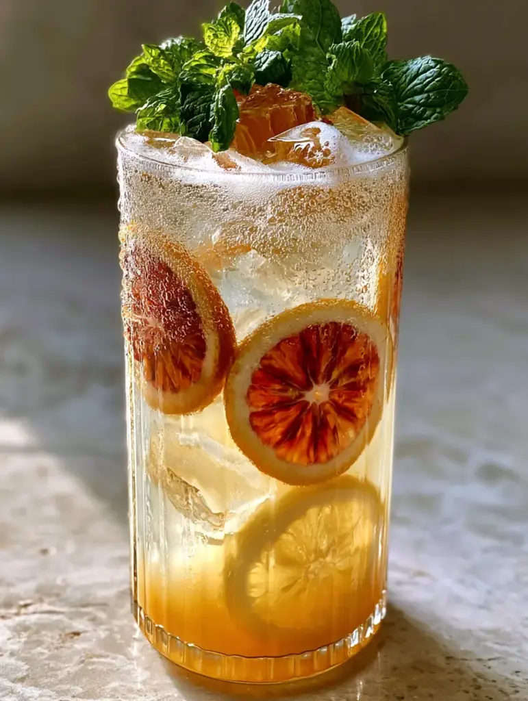 Citrus and Honey Mocktail: A Sparkling Blood Orange & Meyer Lemon Elixir 1 Close-up of blood orange and Meyer lemon slices pressed against a ribbed glass in a Citrus and honey mocktail.