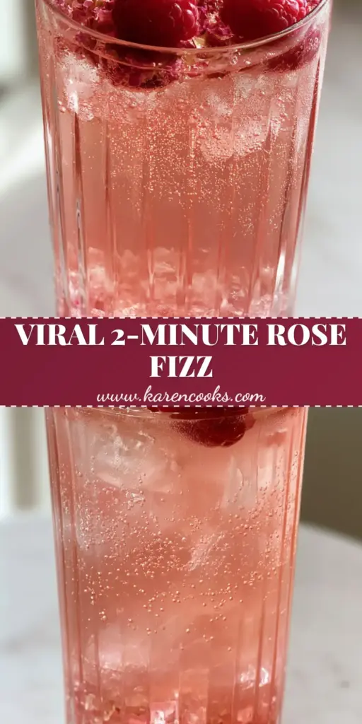 Rose Berry Fizz: The Ultimate Botanical Sparkling Raspberry Mocktail 3 A tall ribbed glass filled with a blush pink rose berry fizz, topped with three raspberries and dried rose petals on a marble surface. (rose berry fizz)
