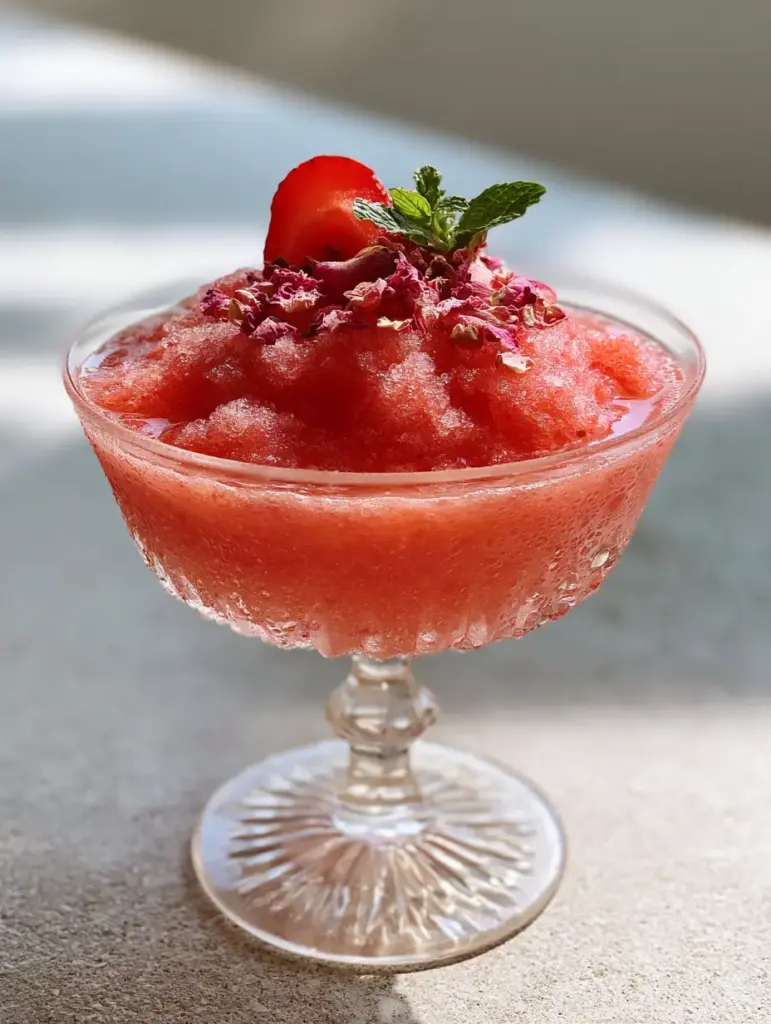 Close-up of the garnish on an Alcohol-Free Frozen Frosé featuring dried rose petals and a mint sprig.