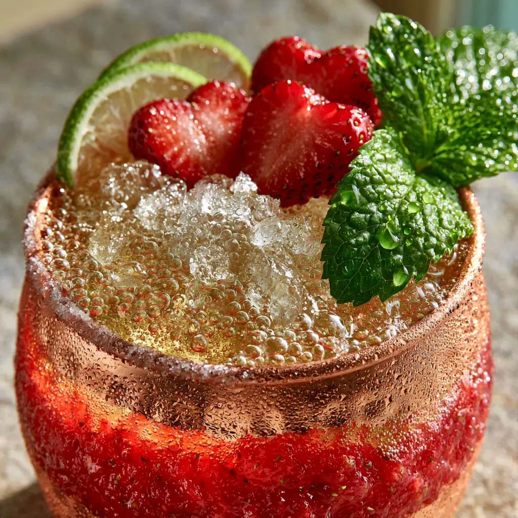 Macro photo of Strawberry Mocktail Mule showing red-to-gold ombre gradient and condensation on copper.