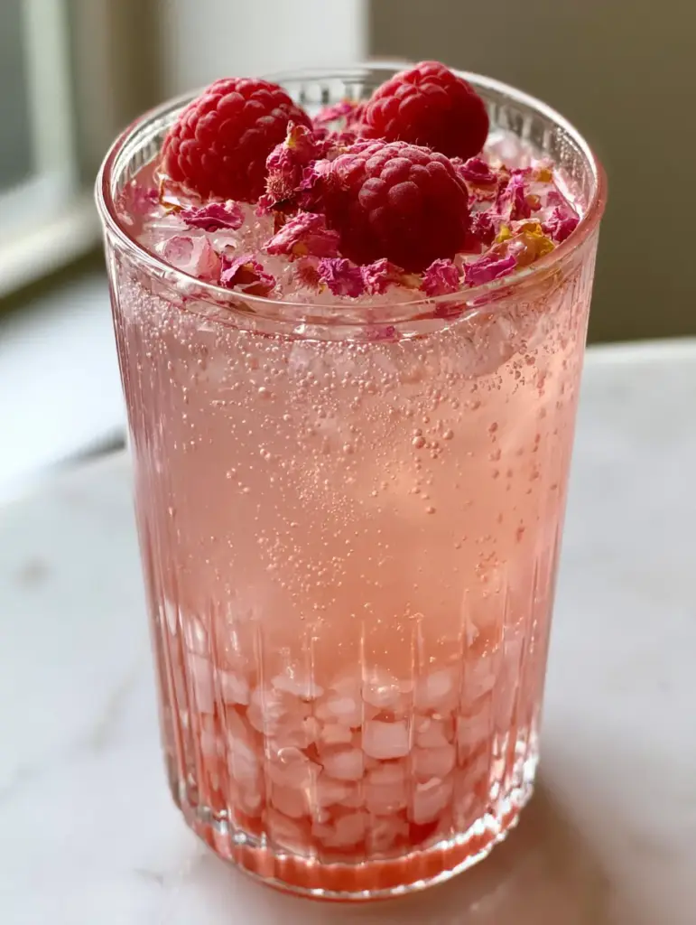 Close up of the tiny bubbles and crushed ice foundation in a rose berry fizz mocktail. (rose berry fizz)