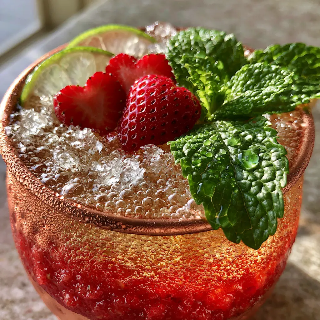 Close up of crushed ice mountain, heart-shaped strawberries, and mint sprig in a copper mug.