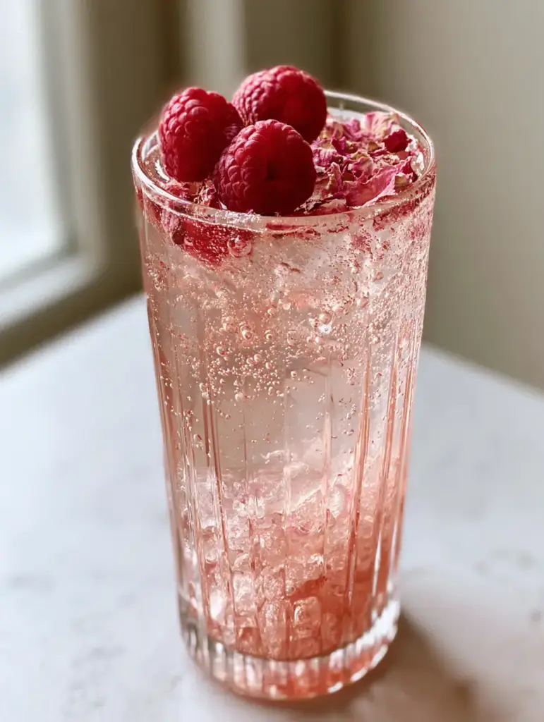 Rose Berry Fizz: The Ultimate Botanical Sparkling Raspberry Mocktail 1 Side view of a rose berry fizz showing the beautiful pink hue and the three floating raspberries.