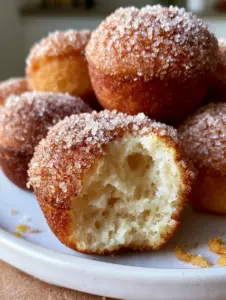 Extreme macro shot of a torn sour cream doughnut muffin showing steaming ivory interior crumb and sugar crystals.