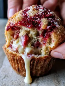Macro close-up of a strawberry white chocolate muffin being pulled apart, revealing a moist crumb and melted chocolate. (strawberry white chocolate muffins)