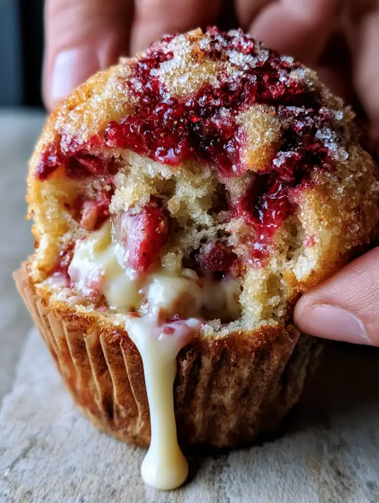 Macro close-up of a strawberry white chocolate muffin being pulled apart, revealing a moist crumb and melted chocolate. (strawberry white chocolate muffins)