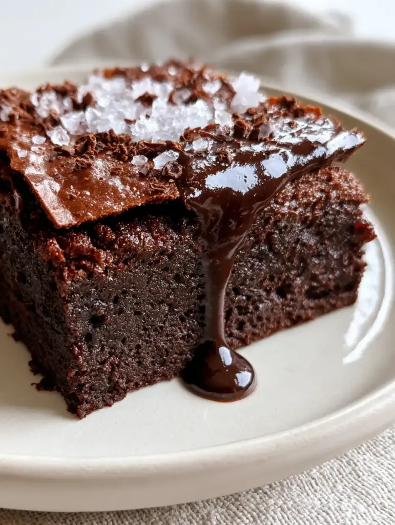 Cocoa Powder Brownies with a Glossy Drizzle and Crinkly Crust 1 A thick dark chocolate sauce dripping down the side of an ultra-fudgy cocoa brownie.