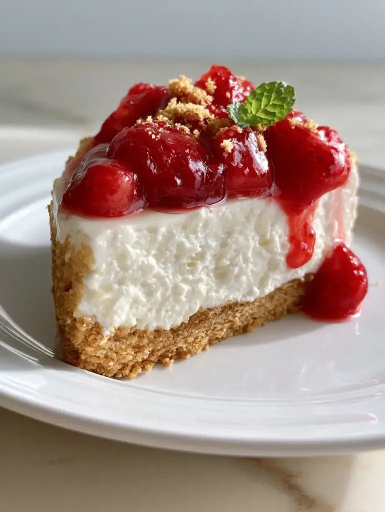 Philadelphia Cheesecake Recipe: The Ultimate No-Bake Strawberry Masterpiece 2 Close up of Philadelphia cheesecake recipe with glossy strawberry chunks and mint garnish.