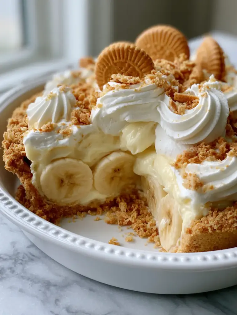 Banana Pudding Pie with a Golden Chessmen Cookie Crust 1 Close up of a slice of Banana Pudding Pie showing neatly sliced banana rounds and a golden cookie base.