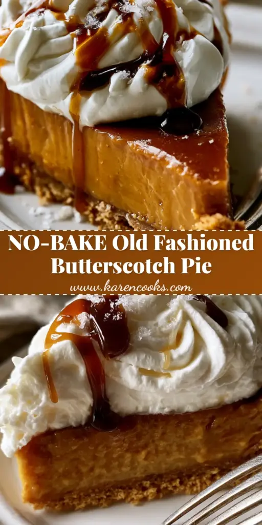 Butterscotch Pie: The Ultimate Old-Fashioned Deep Amber Custard 3 A close-up shot of a Butterscotch Pie slice with thick graham cracker crust, deep amber custard, and high whipped cream peaks on a white plate.