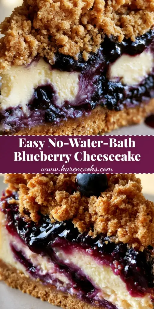A close-up vertical shot of a Blueberry Crumble Cheesecake slice showing the thick crust, swirled filling, and heavy streusel topping.