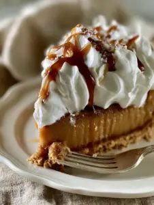 Macro side-profile of a Butterscotch Pie slice showing the dense custard texture and stiff whipped cream peaks.