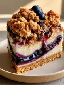 Handheld photo of a generous Blueberry Crumble Cheesecake slice on a ceramic plate.