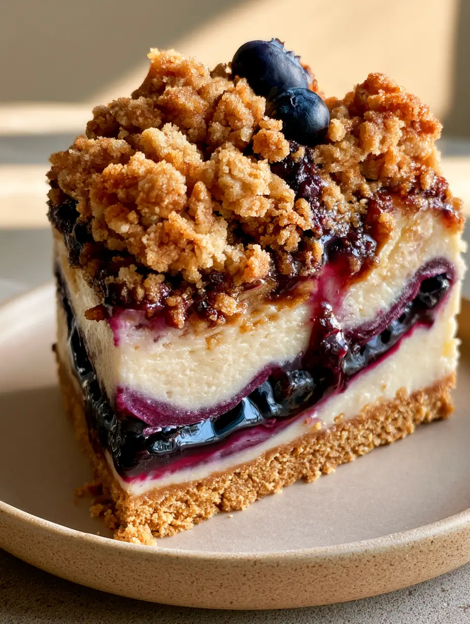 Handheld photo of a generous Blueberry Crumble Cheesecake slice on a ceramic plate.