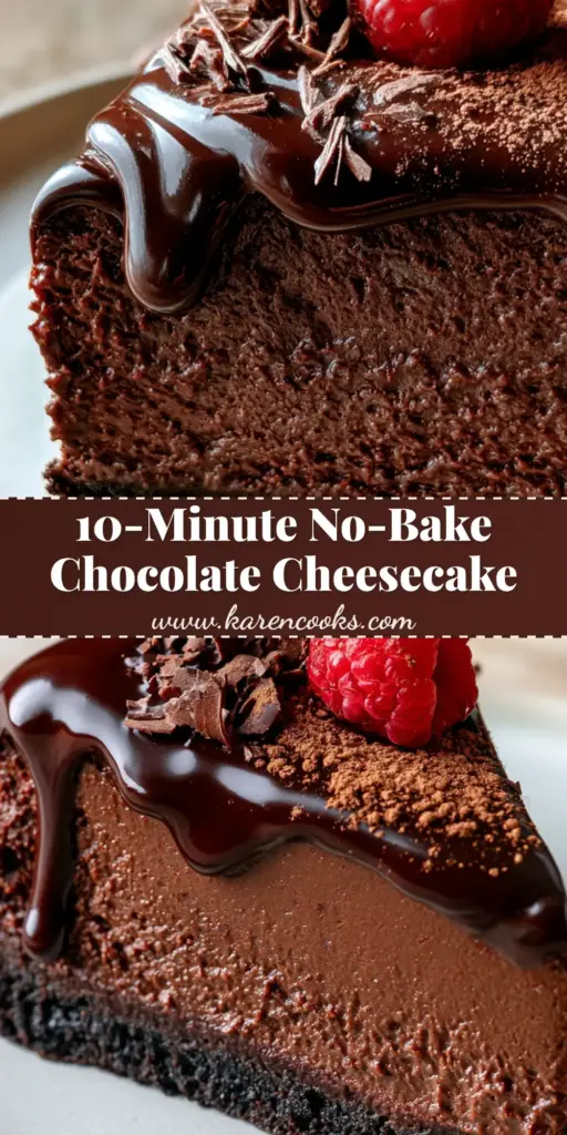 No Bake Chocolate Cheesecake: The Ultimate Velvety Dark Chocolate Delight 4 A decadent slice of No Bake Chocolate Cheesecake with a thick cookie crust, glossy ganache, and a fresh red raspberry on a white plate.