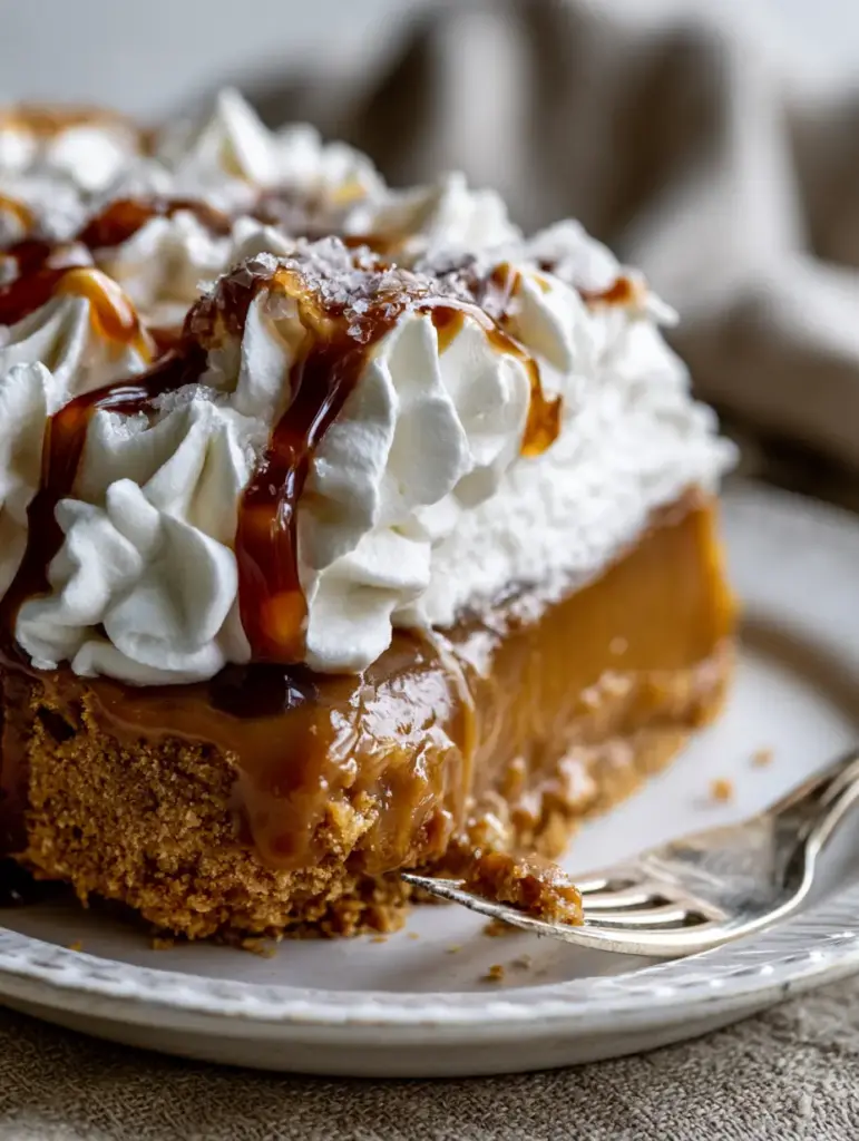 Butterscotch Pie: The Ultimate Old-Fashioned Deep Amber Custard 1 A silver fork pressing into the tip of a thick Butterscotch Pie slice, highlighting the velvety texture and golden drizzle.