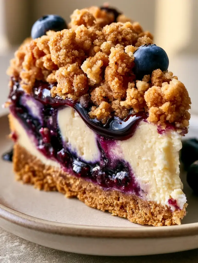 Top-down view of a Blueberry Crumble Cheesecake with golden brown sugar streusel and fresh blueberries.