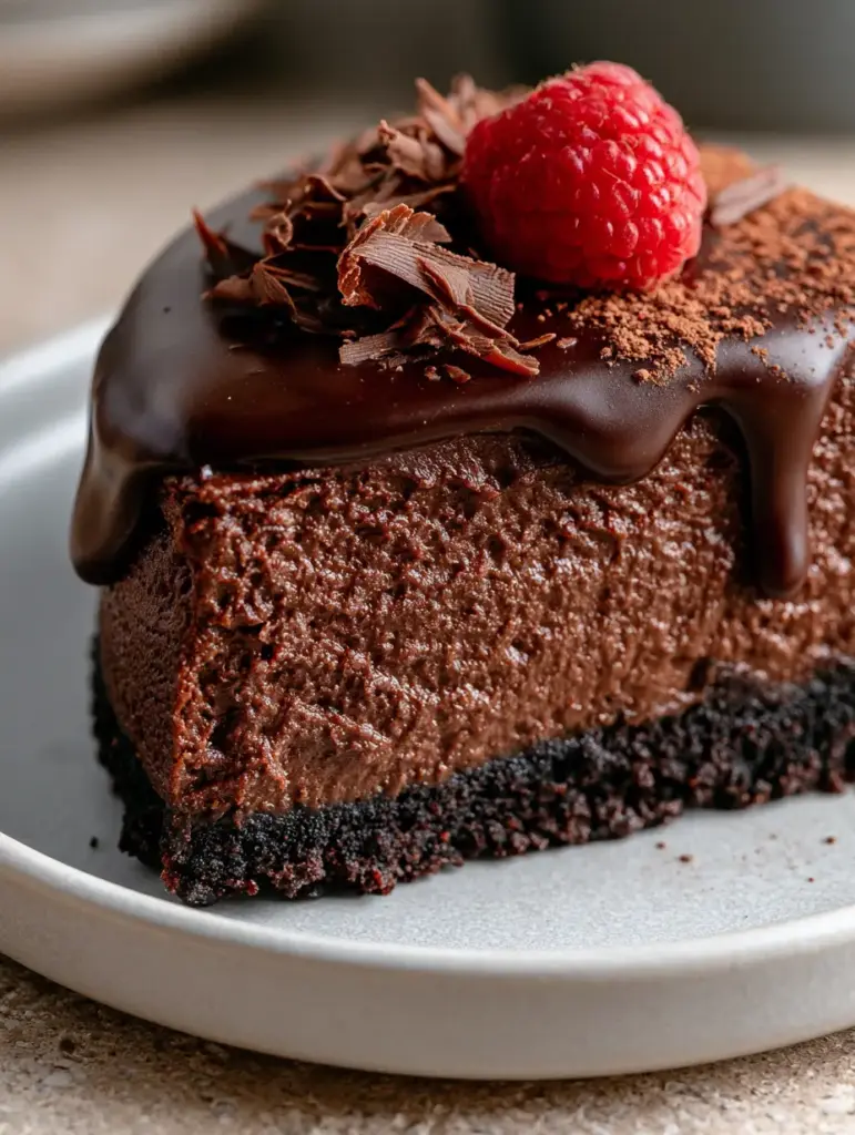 No Bake Chocolate Cheesecake: The Ultimate Velvety Dark Chocolate Delight 2 Macro close-up of No Bake Chocolate Cheesecake showing the velvety texture of the dark chocolate filling and slow-dripping ganache.