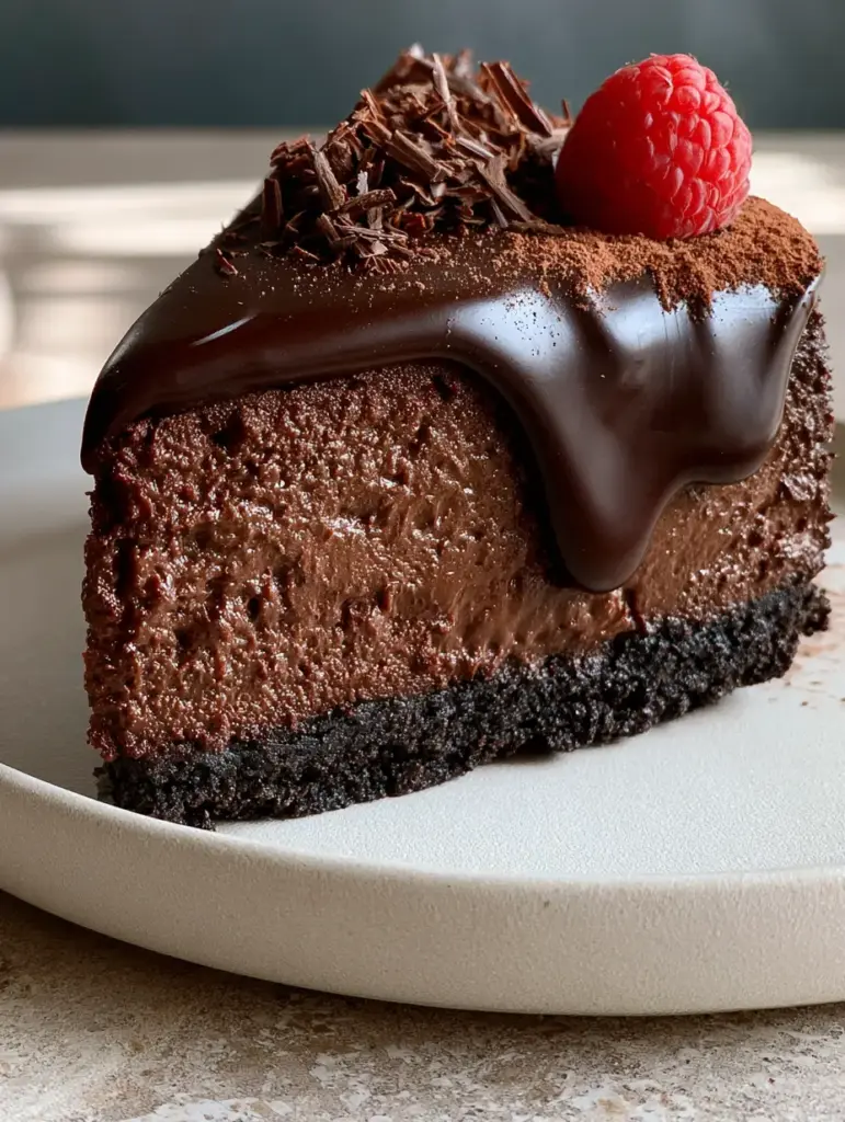 No Bake Chocolate Cheesecake: The Ultimate Velvety Dark Chocolate Delight 1 A single slice of No Bake Chocolate Cheesecake on a minimalist plate with chocolate shavings and cocoa powder dusting.
