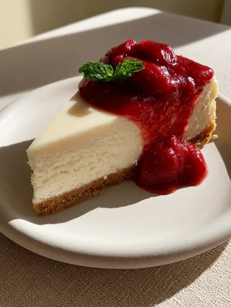 Classic Cheesecake: The Definitive New York Style Guide to a Dense and Velvety Masterpiece 1 Side view of a classic cheesecake slice showing the thick golden-brown crust and cascading strawberry glaze.