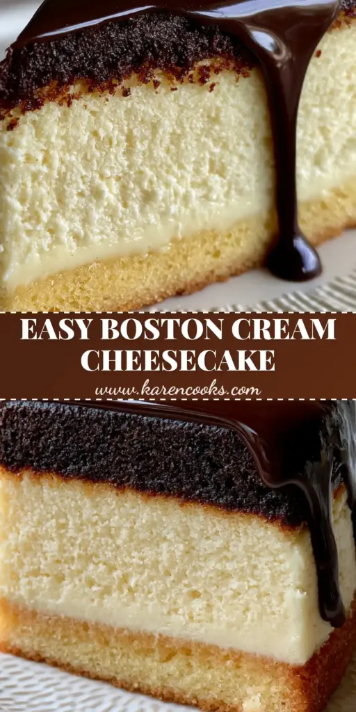 Boston Cream Pie Cheesecake: The Ultimate Three-Layer Showstopper 4 A close-up slice of Boston Cream Pie Cheesecake on a white plate featuring a golden sponge cake base, ivory custard cheesecake, and glossy dark chocolate ganache drip.