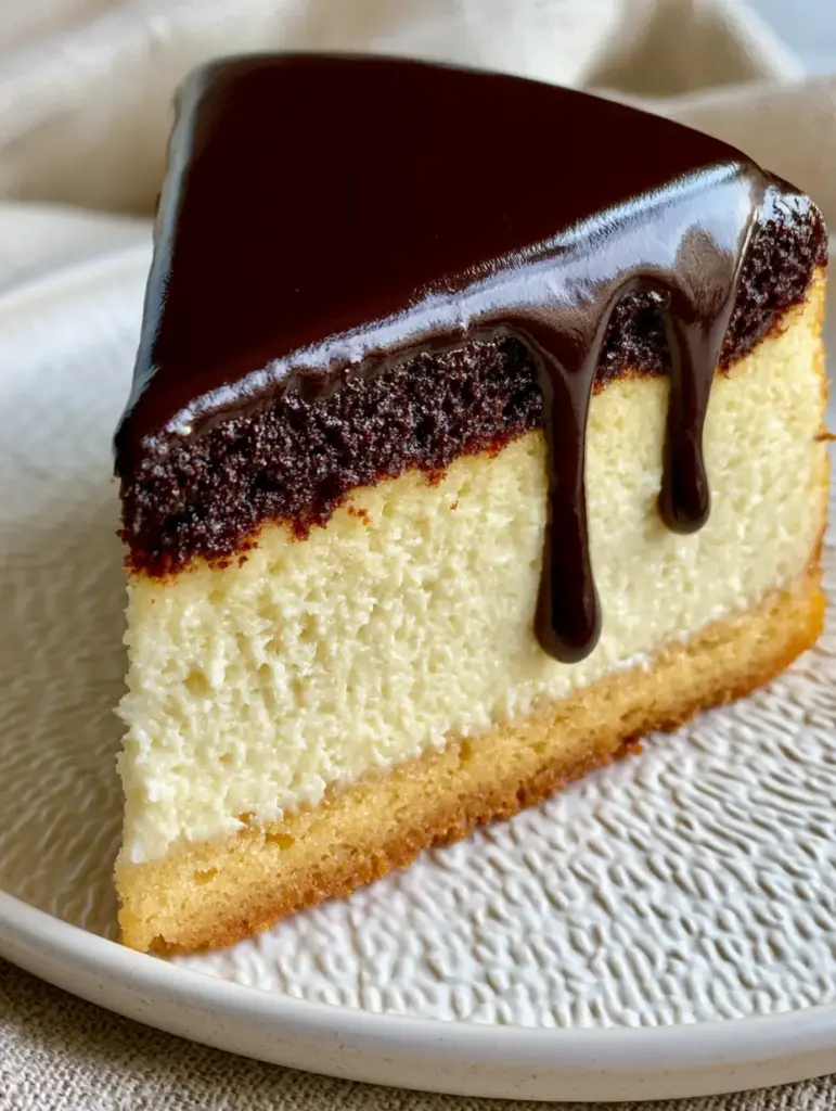 Boston Cream Pie Cheesecake: The Ultimate Three-Layer Showstopper 2 Side view of a Boston Cream Pie Cheesecake slice showcasing the golden sponge and pale ivory custard layers with a rich chocolate topping.