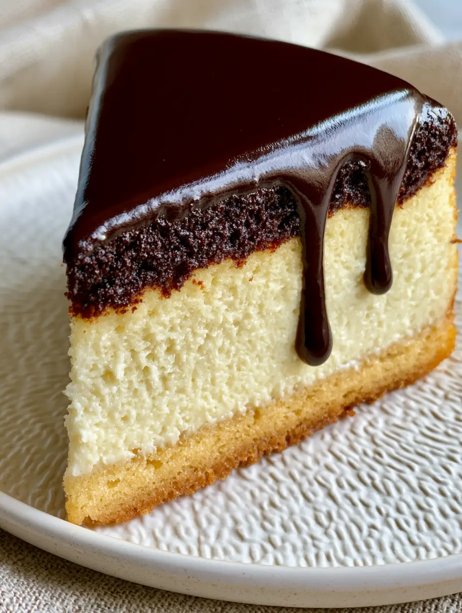 Boston Cream Pie Cheesecake: The Ultimate Three-Layer Showstopper 3 Side view of a Boston Cream Pie Cheesecake slice showcasing the golden sponge and pale ivory custard layers with a rich chocolate topping.