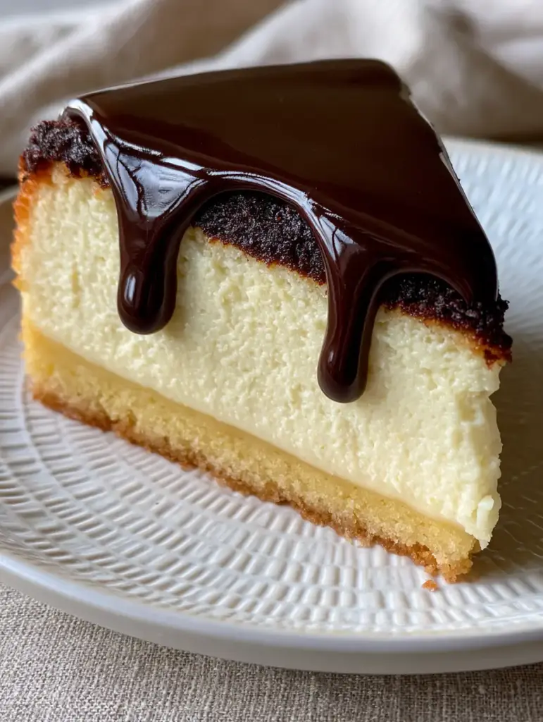 Boston Cream Pie Cheesecake: The Ultimate Three-Layer Showstopper 1 A smartphone photo of the Boston Cream Pie Cheesecake slice with a beautiful chocolate drip on a textured white plate.