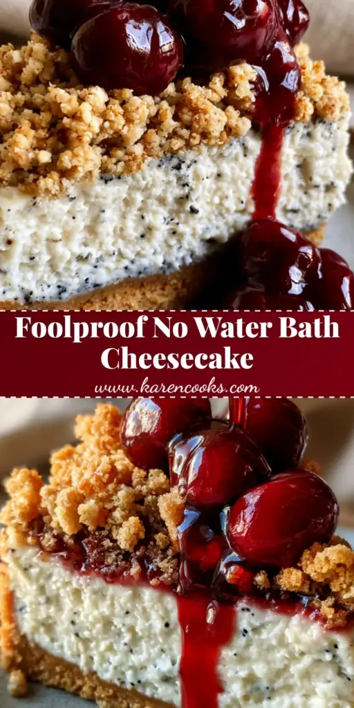 Cherry Vanilla Crumble Cheesecake: The Ultimate Triple-Layer Vanilla Bean Dessert 4 A luscious slice of Cherry Vanilla Crumble Cheesecake with glossy ruby-red sauce dripping down the side of ivory-white vanilla-flecked filling and a golden crumble top.