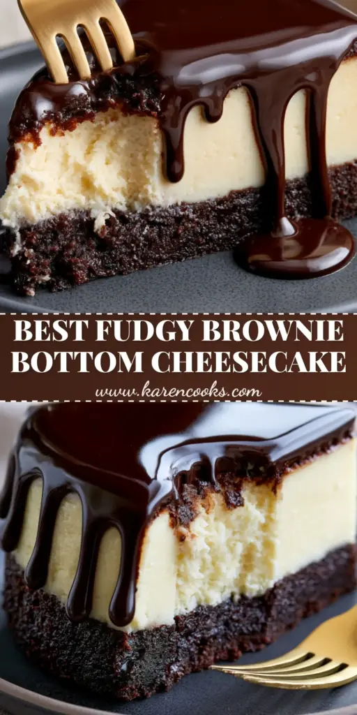 Brownie Bottom Cheesecake: The Ultimate Fudgy and Creamy Hybrid 4 A close-up of a brownie bottom cheesecake slice featuring a thick dark cocoa base, ivory cheesecake center, and glossy chocolate ganache with sea salt on a matte plate. (Brownie Bottom Cheesecake)