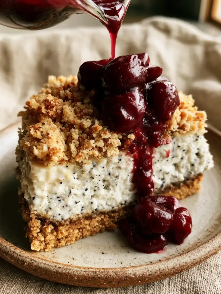 Cherry Vanilla Crumble Cheesecake: The Ultimate Triple-Layer Vanilla Bean Dessert 2 Close-up of Cherry Vanilla Crumble Cheesecake showing clearly visible layers: graham crust, ivory filling with black vanilla specks, and golden crumble.