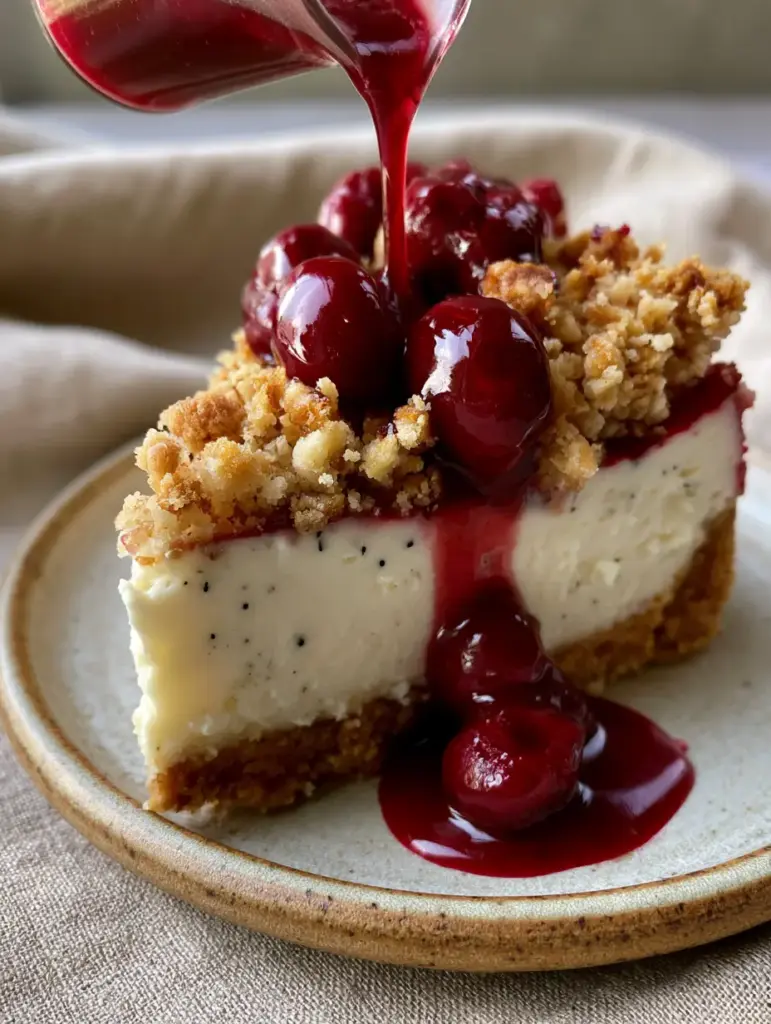 Cherry Vanilla Crumble Cheesecake: The Ultimate Triple-Layer Vanilla Bean Dessert 1 Warm glossy ruby-red cherry sauce being poured from a glass pitcher onto a slice of vanilla crumble cheesecake.