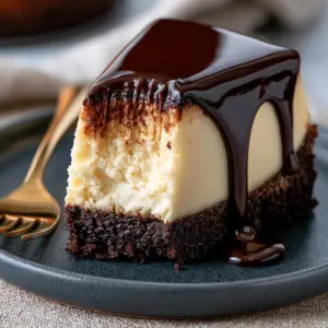 Macro shot of a thick brownie bottom cheesecake slice showing the fudgy 1-inch base and 2-inch creamy ivory layer. (Brownie Bottom Cheesecake)