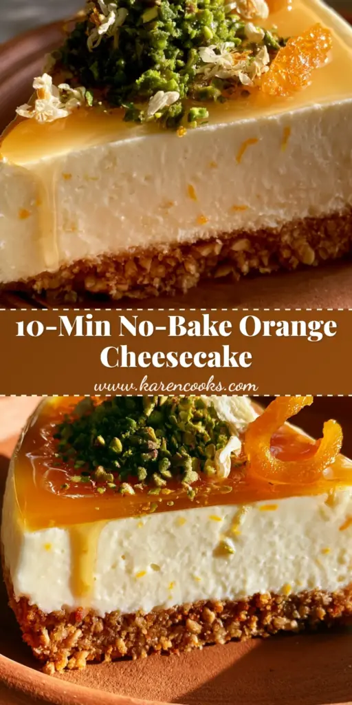 Moroccan Orange Blossom Cheesecake: A Silky No-Bake Masterpiece 4 A close-up vertical shot of a Moroccan Orange Blossom Cheesecake slice with a glistening orange glaze and emerald pistachios.