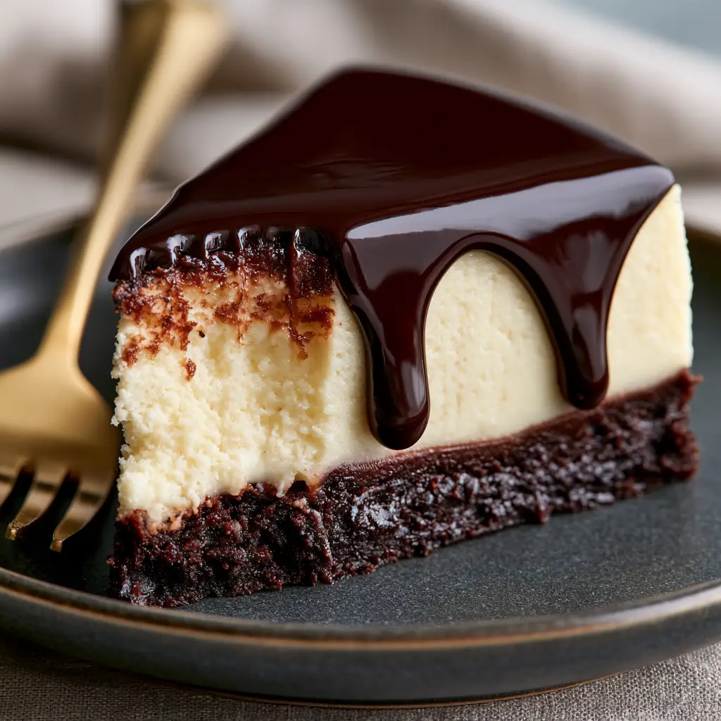 Brownie Bottom Cheesecake: The Ultimate Fudgy and Creamy Hybrid 1 Extreme close-up of a gold fork taking a bite out of a brownie bottom cheesecake with heavy chocolate ganache droplets.