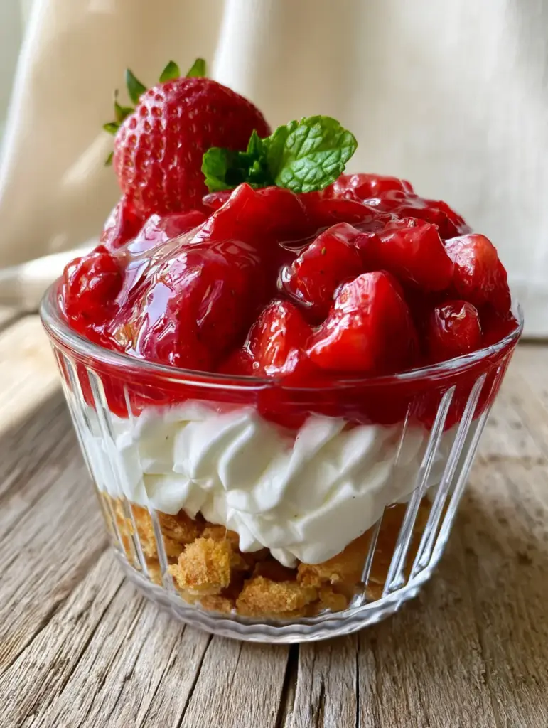 Close up of glossy diced strawberries coated in red glaze on top of whipped cream. (strawberry shortcake recipe)