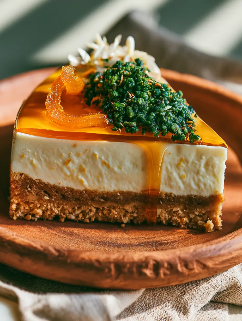 Moroccan Orange Blossom Cheesecake: A Silky No-Bake Masterpiece 3 Rustic eye-level photo of a Moroccan Orange Blossom Cheesecake slice on a terracotta plate with orange glaze dripping. (Moroccan Orange Blossom Cheesecake)