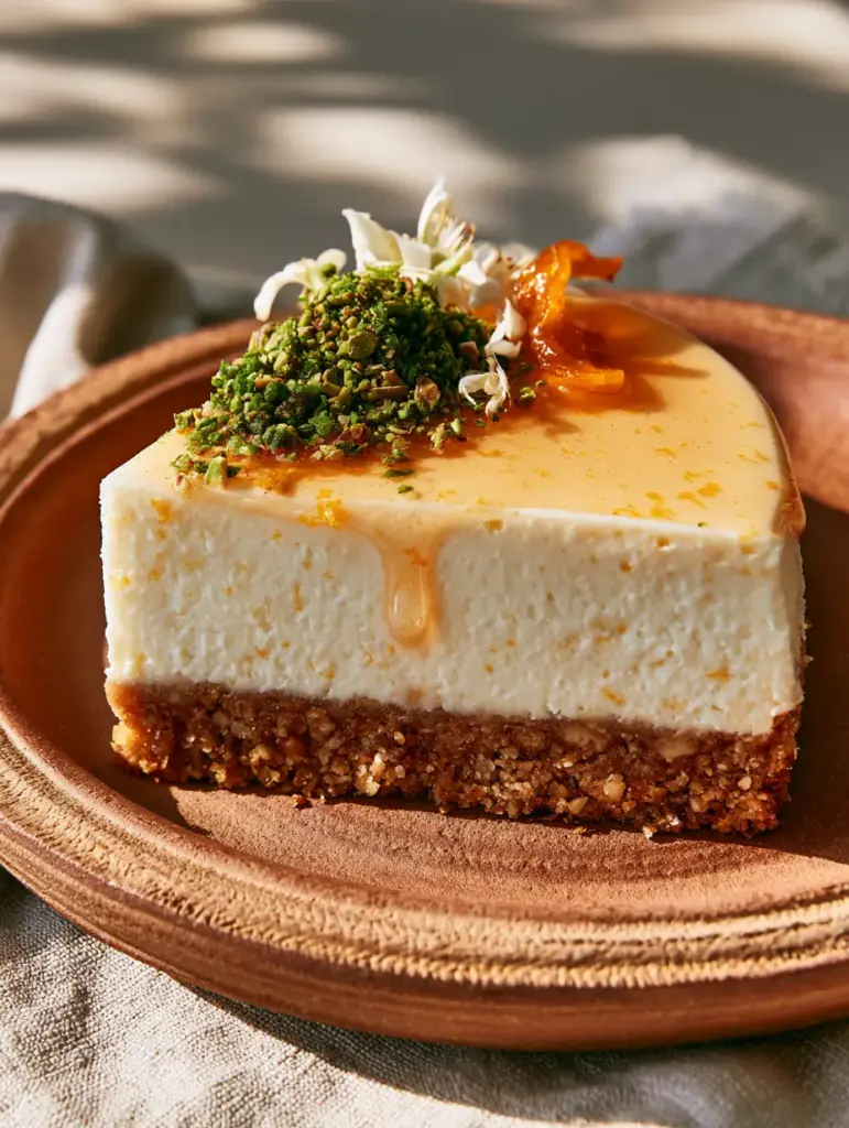 Moroccan Orange Blossom Cheesecake: A Silky No-Bake Masterpiece 1 Top-down view of a Moroccan Orange Blossom Cheesecake garnished with emerald-green pistachios and orange blossom petals.