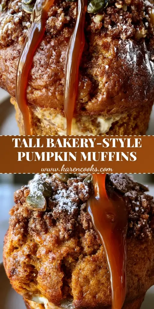 Pumpkin Streusel Muffins with Cream Cheese Swirl and Caramel Drizzle 4 A towering bakery-style pumpkin streusel muffin with a deep amber caramel drizzle and toasted pepitas.