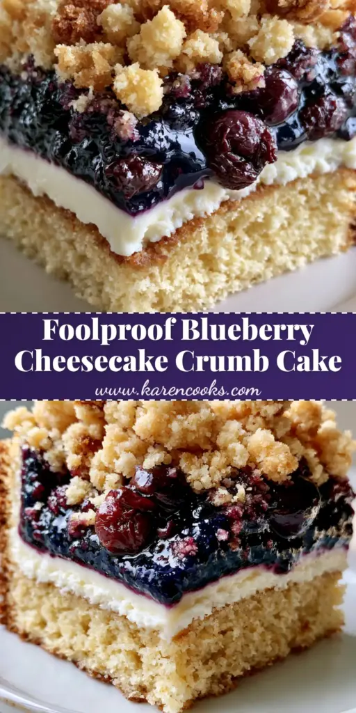 Blueberry Cheesecake Crumb Cake: The Ultimate Triple-Layer Bakery Style Slice 4 A thick handheld slice of Blueberry Cheesecake Crumb Cake on a white plate showing distinct layers of cake, cheese, and jam.