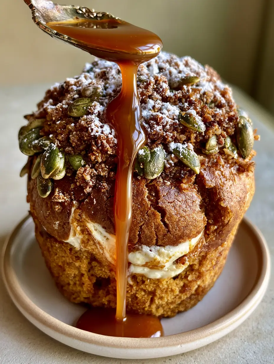 Pumpkin Streusel Muffins with Cream Cheese Swirl and Caramel Drizzle 3 Handheld photo of a moist pumpkin muffin cake base with a thick crunchy brown sugar crumb topping. (pumpkin streusel muffins)